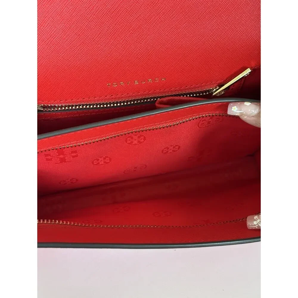 TORY BURCH Leather Crossbody Bag with Gold Hardware - Poppy Red Color